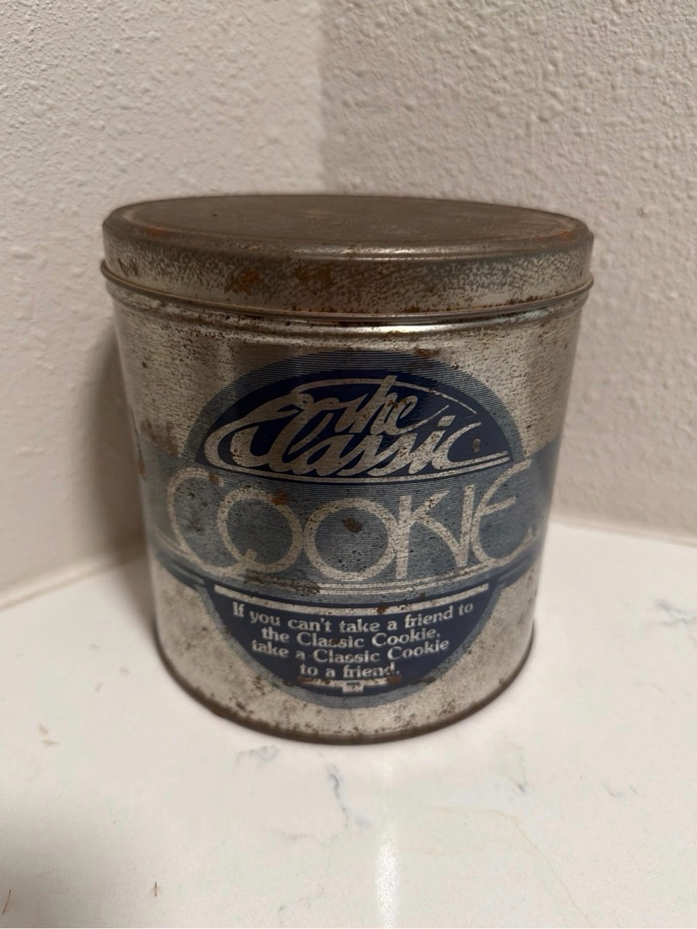 Vintage Metal Cookie Tin - Silver and Blue